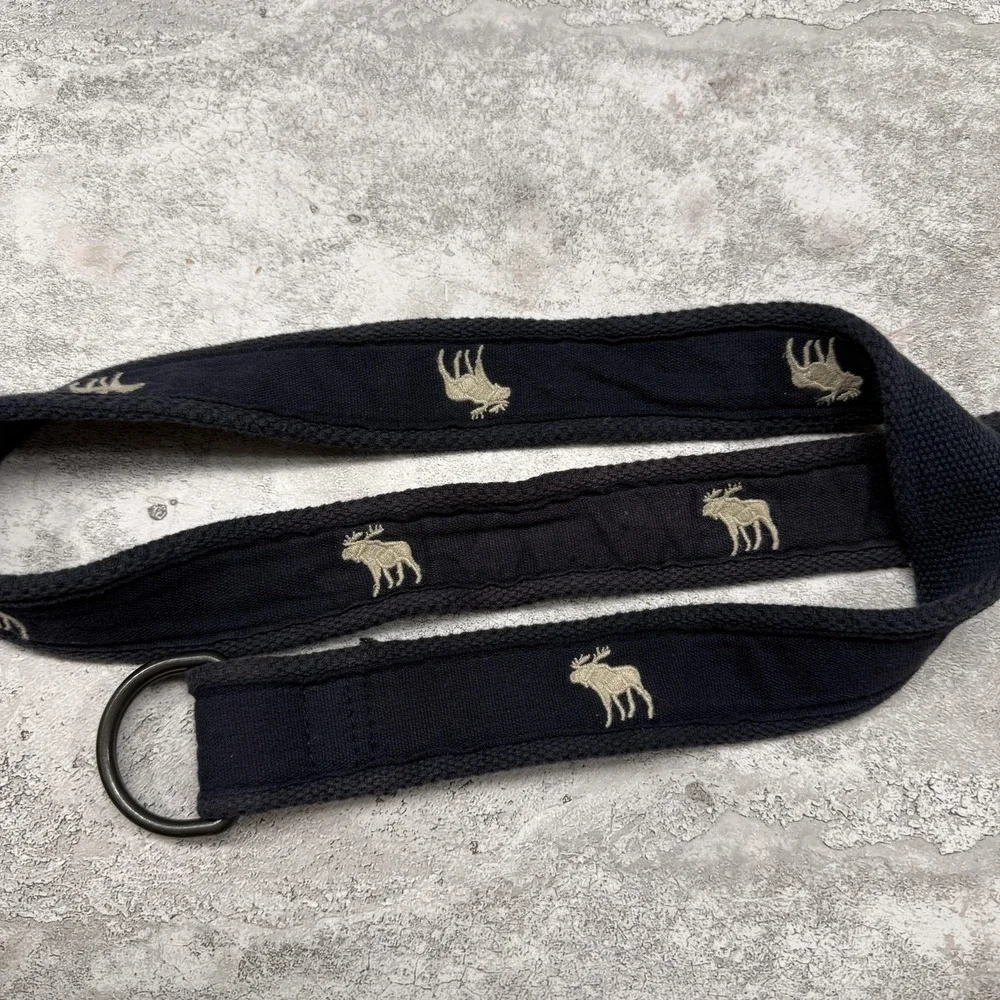 Abercrombie Belt Mens Blue Canvas Webbed Moose Embroidered D Ring Buckle